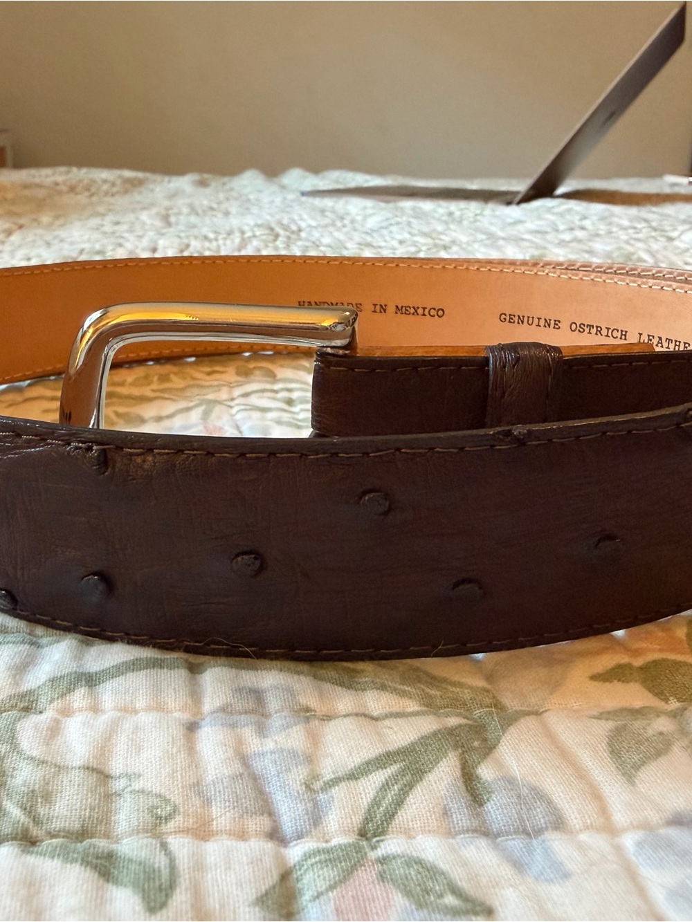 Tecovas Dark Brown Ostrich Leather Belt with Silver Buckle